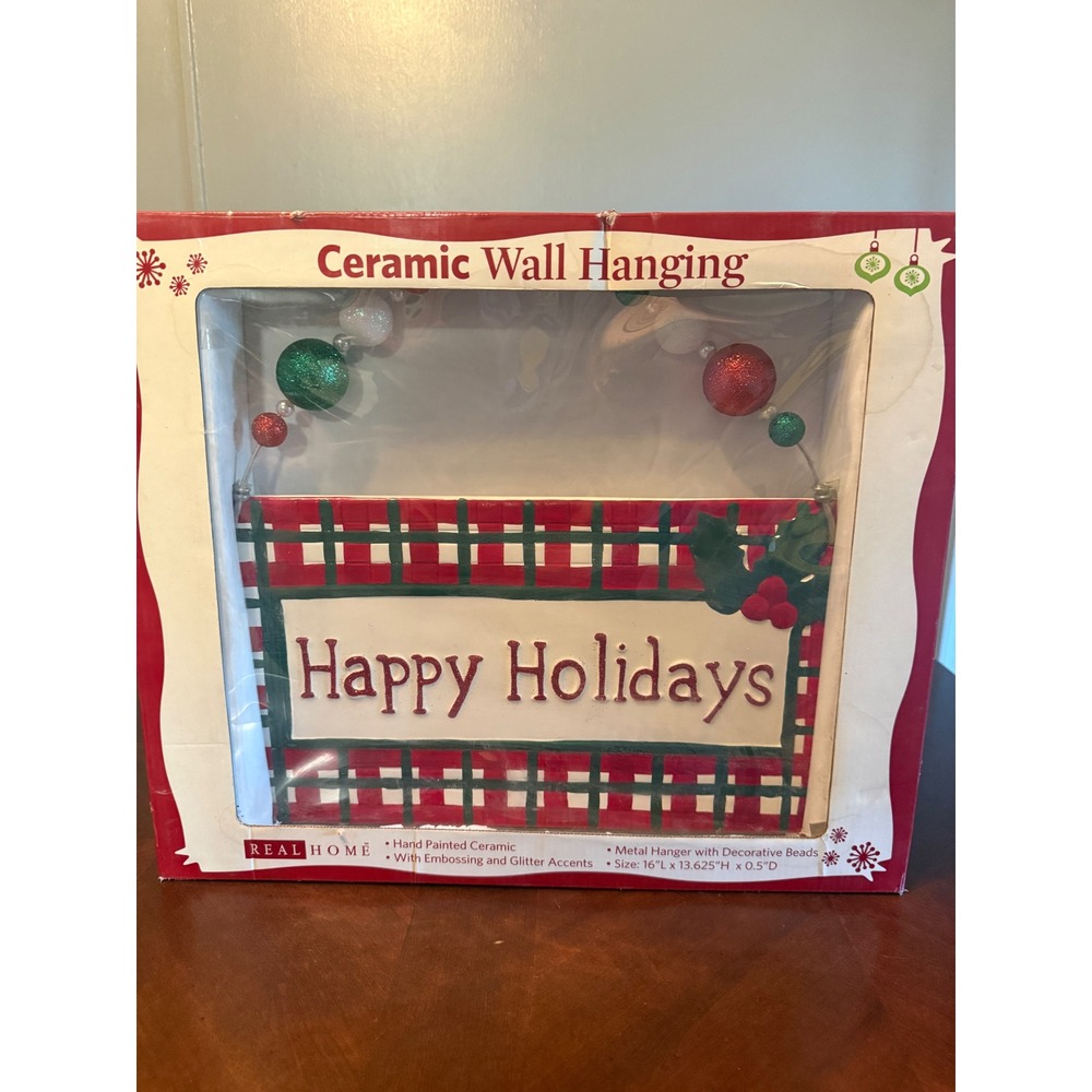 Real Home Ceramic Happy Holidays Wall Hanging Plaid Christmas Decor 16"